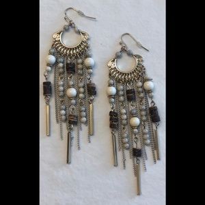 Wood, white & gold beaded dangle earrings